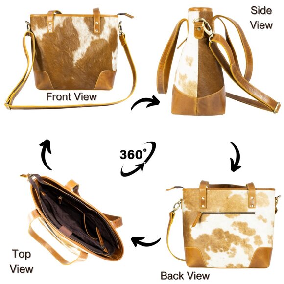 Cowhide Tote Bag Purse, Hair on Tote Bag with Free Gift, Bifold Black Wallet - Picture 2 of 7